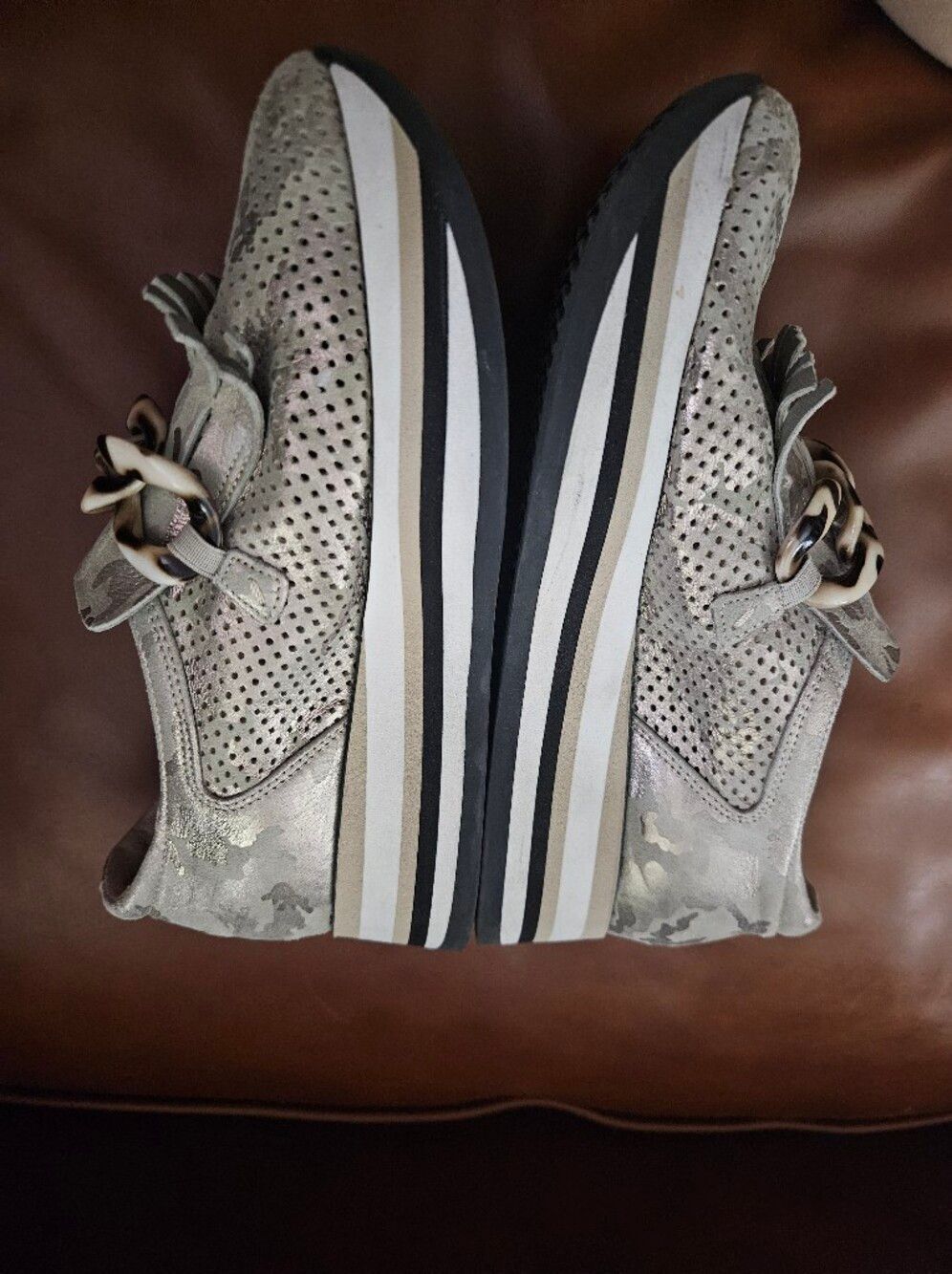 Softwaves Size 37 Metallic Camo Slip-on Platform Loafers Chain Fringe - Picture 6 of 9